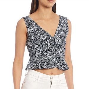 Gianni Bini Womens Size 12 Carol V Neck Tie Front Peplum Navy & White Floral Top